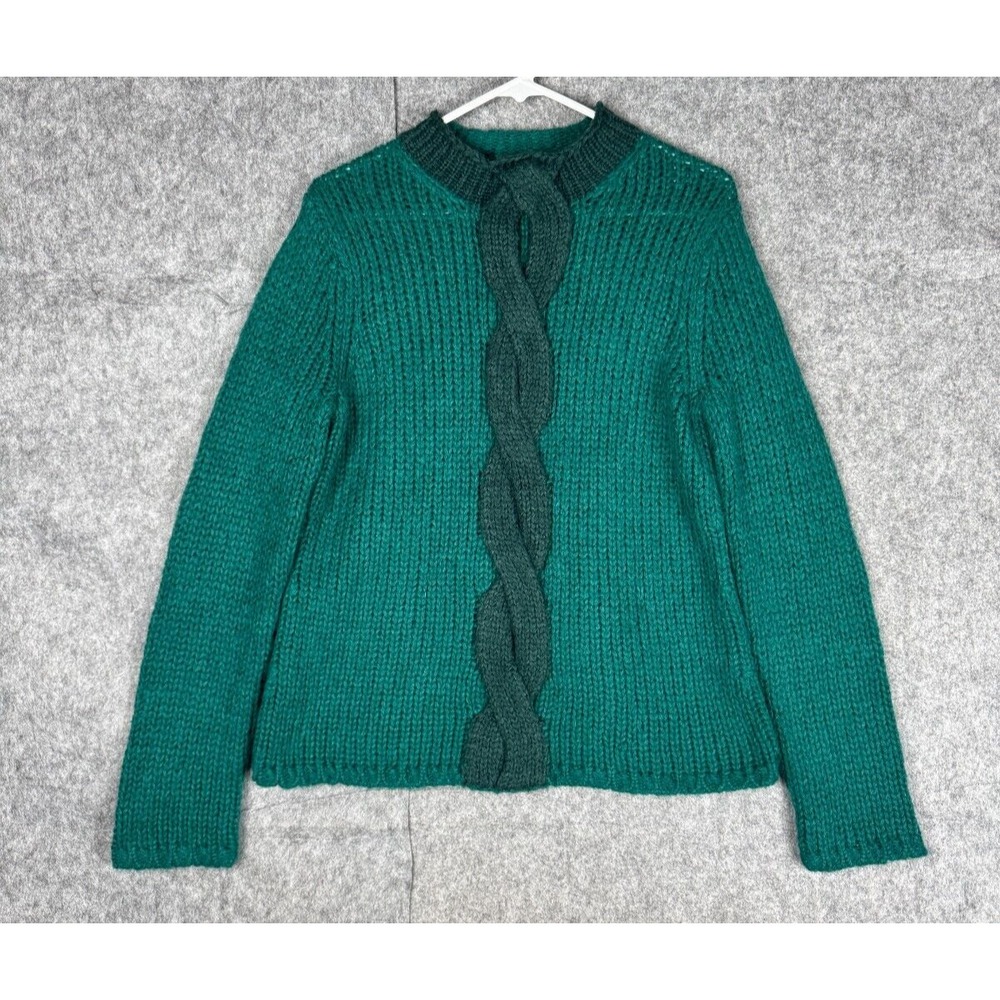 LL Bean  Sweater Womens Medium Green Cable Knit Mohair Wool Blend 0JXM1‎
